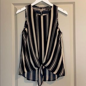 Navy/cream/maroon striped tie front blouse